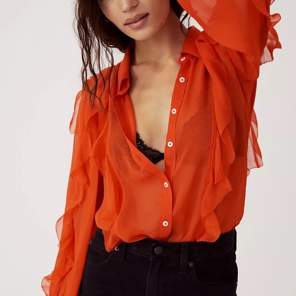 Maeve Tops - Maeve Ruffled Buttondown in Orange